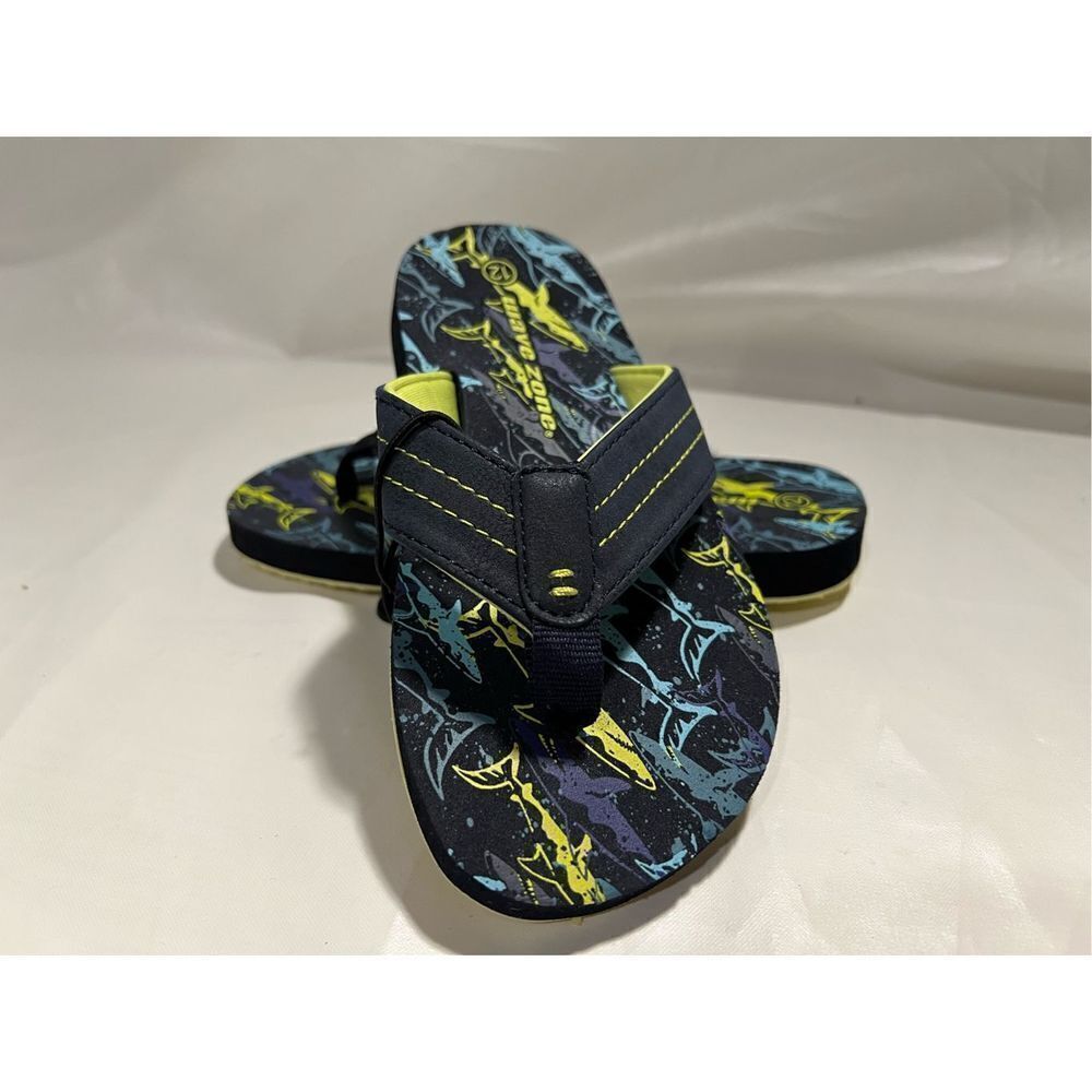 Wave Zone Boys Sharks Themed Flip Flops Navy and Yellow in Color Size 12 NWOT